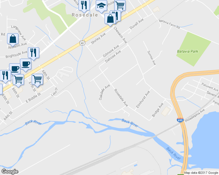 map of restaurants, bars, coffee shops, grocery stores, and more near 7881 Oakdale Avenue in Rosedale