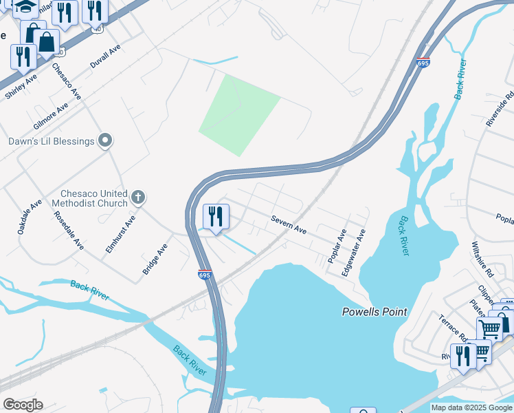 map of restaurants, bars, coffee shops, grocery stores, and more near 525 Patuxent Ave in Rosedale