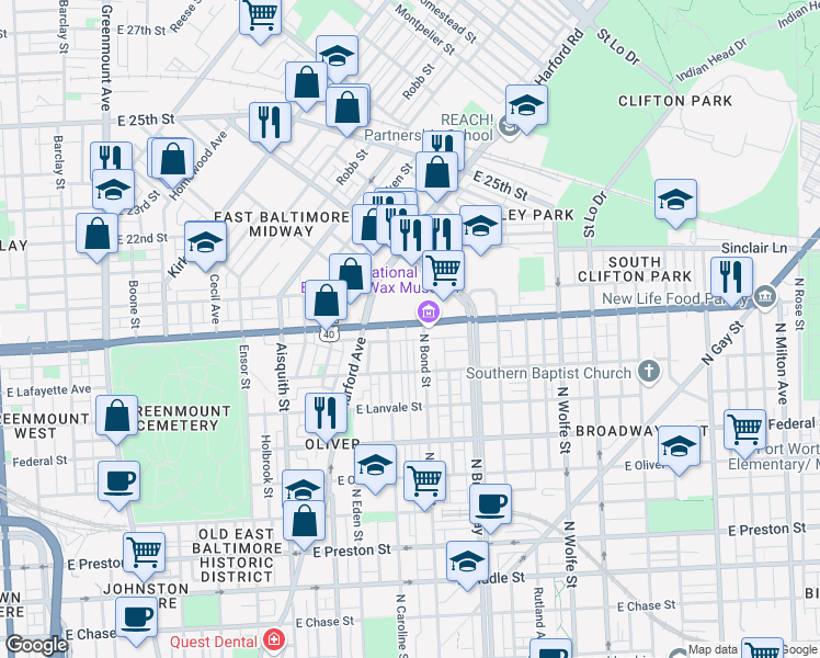map of restaurants, bars, coffee shops, grocery stores, and more near 1522 East North Avenue in Baltimore