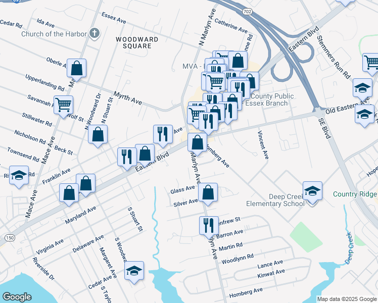 map of restaurants, bars, coffee shops, grocery stores, and more near 8 South Marlyn Avenue in Essex