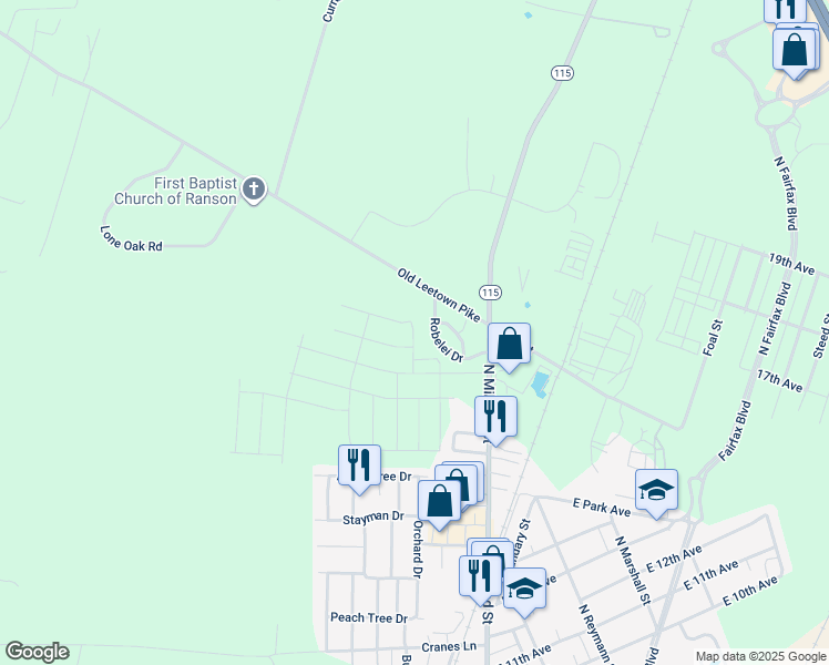 map of restaurants, bars, coffee shops, grocery stores, and more near Sumter Avenue in Ranson