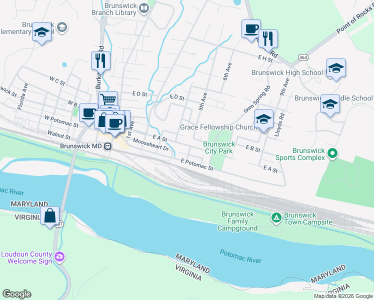 map of restaurants, bars, coffee shops, grocery stores, and more near 422 East A Street in Brunswick