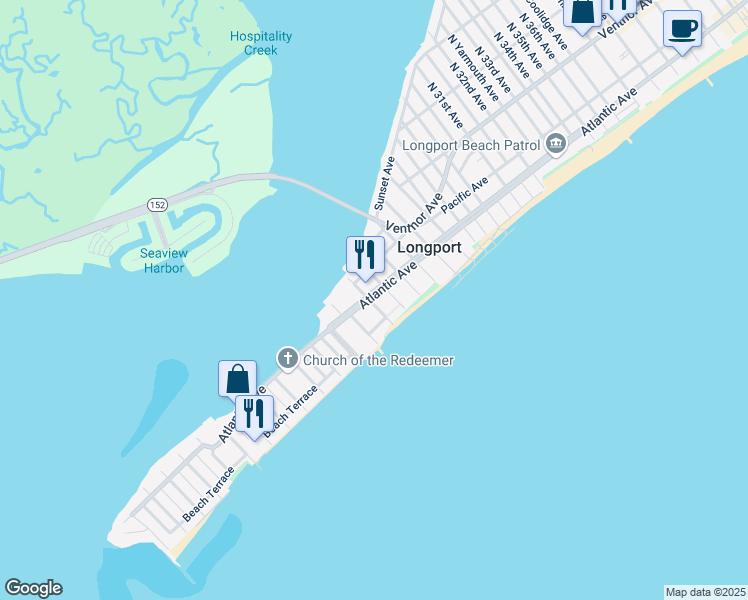 map of restaurants, bars, coffee shops, grocery stores, and more near 2400 Atlantic Avenue in Longport