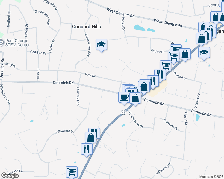 map of restaurants, bars, coffee shops, grocery stores, and more near 7346 Dimmick Road in Butler County