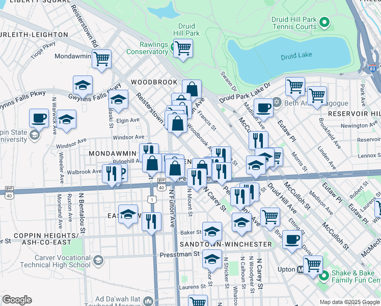 map of restaurants, bars, coffee shops, grocery stores, and more near 2636 Pennsylvania Avenue in Baltimore