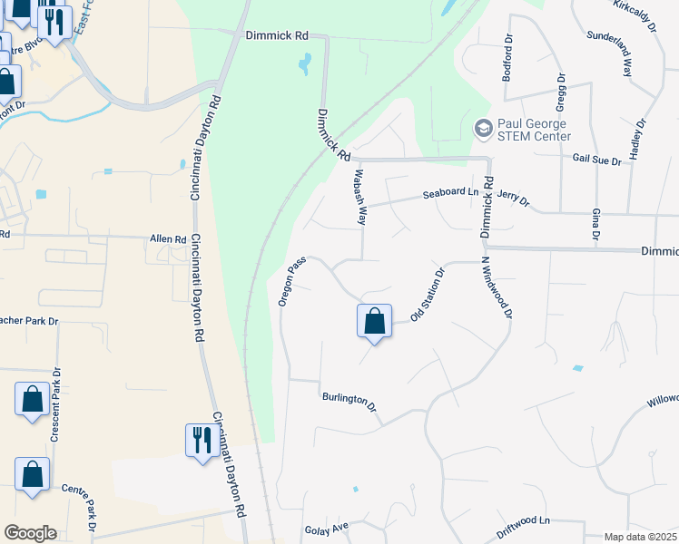 map of restaurants, bars, coffee shops, grocery stores, and more near 6632 Oregon Pass in Butler County
