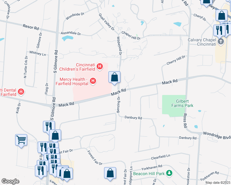 map of restaurants, bars, coffee shops, grocery stores, and more near Mack Road in Fairfield