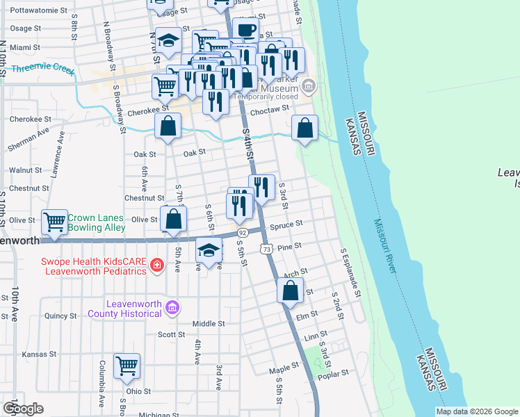 map of restaurants, bars, coffee shops, grocery stores, and more near 803 South 4th Street in Leavenworth