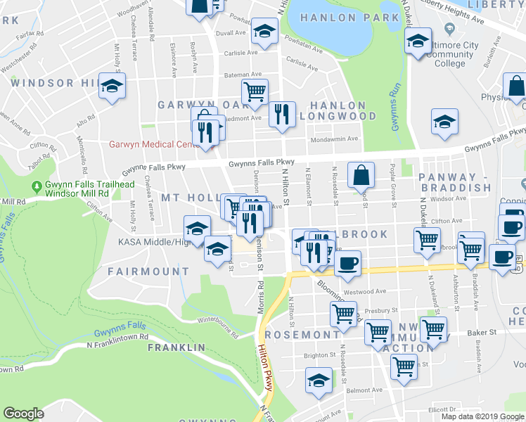 map of restaurants, bars, coffee shops, grocery stores, and more near 3349 Windsor Avenue in Baltimore