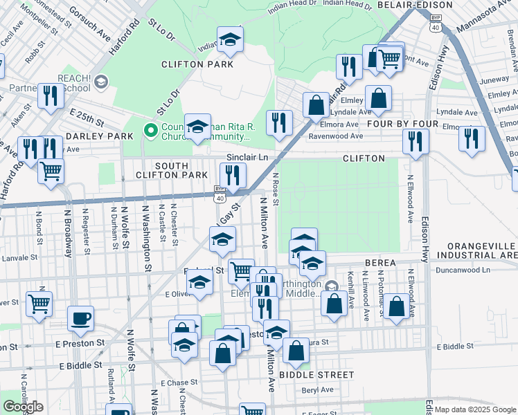 map of restaurants, bars, coffee shops, grocery stores, and more near 1824 North Milton Avenue in Baltimore