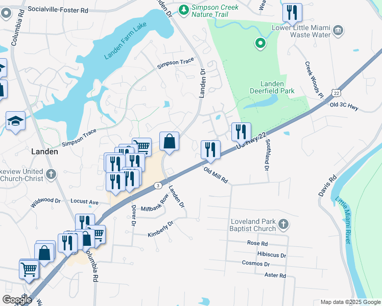 map of restaurants, bars, coffee shops, grocery stores, and more near 8551 Island Pines Drive in Maineville