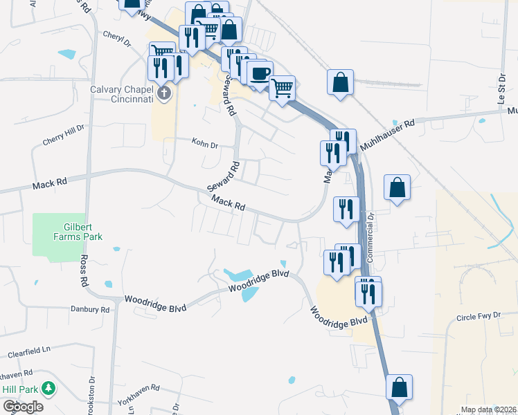 map of restaurants, bars, coffee shops, grocery stores, and more near 3812 Mack Road in Fairfield
