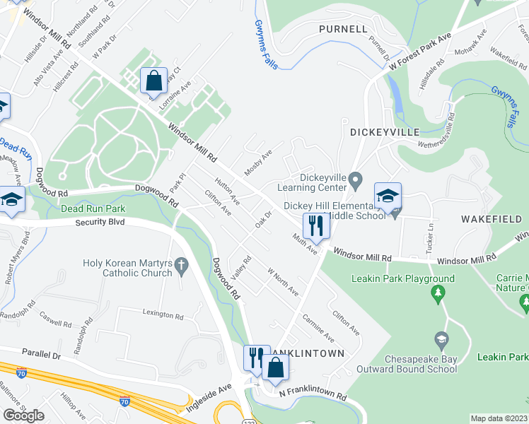 map of restaurants, bars, coffee shops, grocery stores, and more near 2016 Oak Drive in Woodlawn