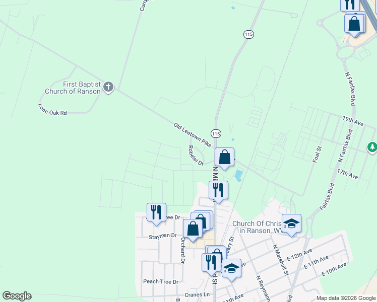 map of restaurants, bars, coffee shops, grocery stores, and more near 147 Robelei Drive in Ranson