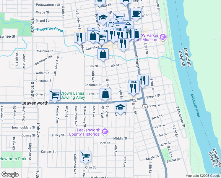 map of restaurants, bars, coffee shops, grocery stores, and more near 711 South 7th Street in Leavenworth