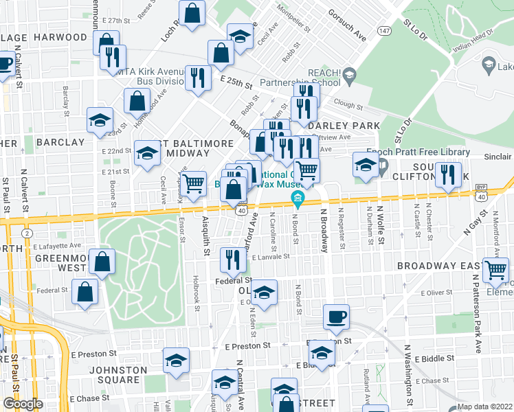 map of restaurants, bars, coffee shops, grocery stores, and more near 2526 Harford Avenue in Baltimore