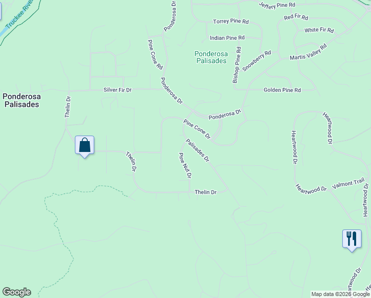 map of restaurants, bars, coffee shops, grocery stores, and more near 10920 Pine Nut Drive in Truckee