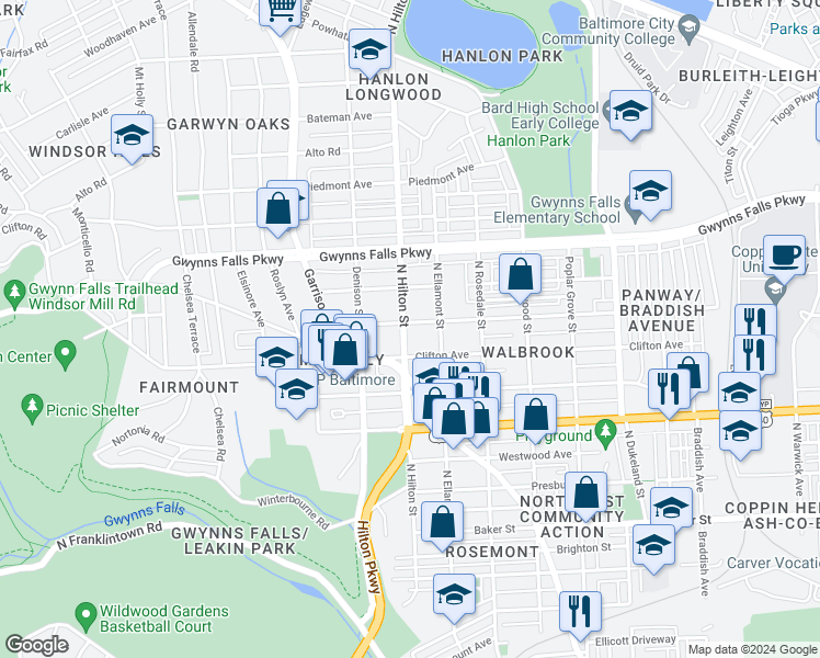 map of restaurants, bars, coffee shops, grocery stores, and more near 2107 North Hilton Street in Baltimore