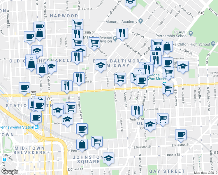 map of restaurants, bars, coffee shops, grocery stores, and more near 1000 East North Avenue in Baltimore