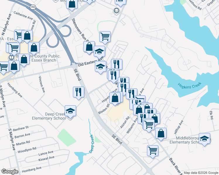 map of restaurants, bars, coffee shops, grocery stores, and more near 17 Haley Road in Essex