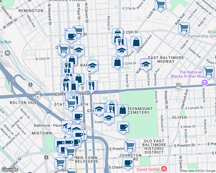 map of restaurants, bars, coffee shops, grocery stores, and more near 1908 Barclay Street in Baltimore