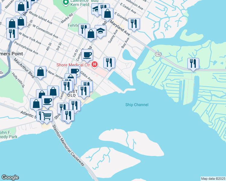 map of restaurants, bars, coffee shops, grocery stores, and more near 138 Decatur Avenue in Somers Point