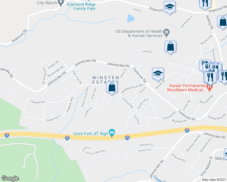 map of restaurants, bars, coffee shops, grocery stores, and more near 7432 Maury Road in Woodlawn