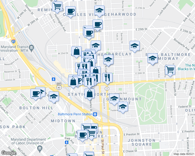 map of restaurants, bars, coffee shops, grocery stores, and more near 1900 Saint Paul Street in Baltimore