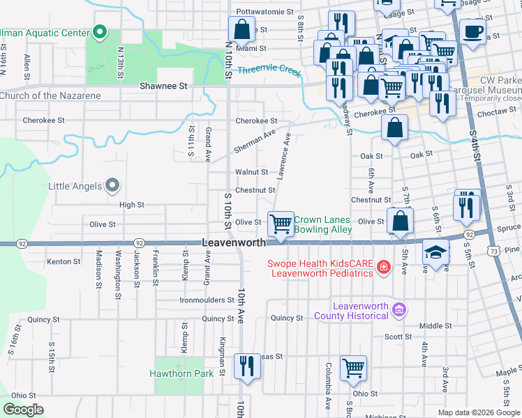 map of restaurants, bars, coffee shops, grocery stores, and more near 719 South 9th Street in Leavenworth
