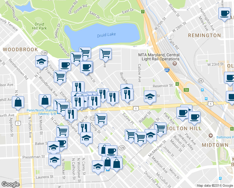 map of restaurants, bars, coffee shops, grocery stores, and more near 903 Ducatel Street in Baltimore