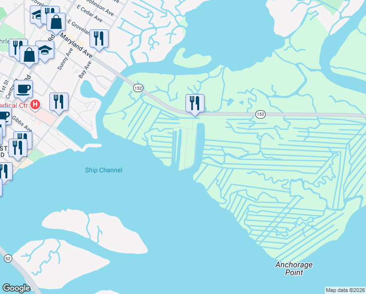 map of restaurants, bars, coffee shops, grocery stores, and more near 14 Point Drive in Somers Point