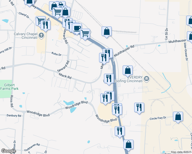 map of restaurants, bars, coffee shops, grocery stores, and more near 3900 Mack Road in Fairfield