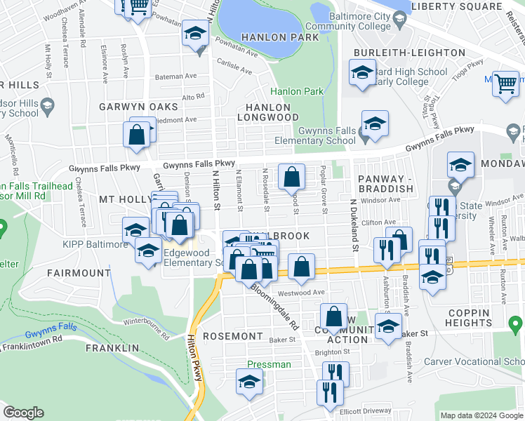 map of restaurants, bars, coffee shops, grocery stores, and more near 2112 North Rosedale Street in Baltimore