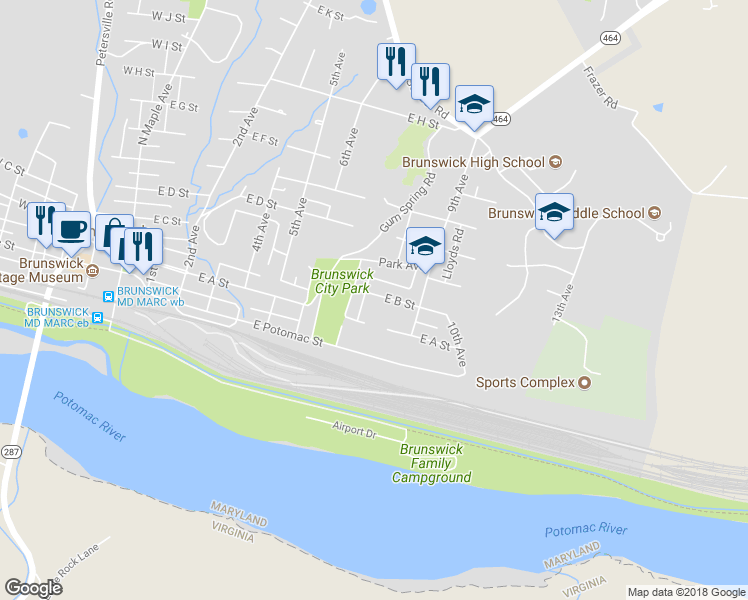 map of restaurants, bars, coffee shops, grocery stores, and more near 714 East B Street in Brunswick