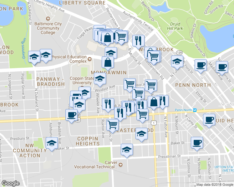 map of restaurants, bars, coffee shops, grocery stores, and more near 2106 N Smallwood St in Baltimore