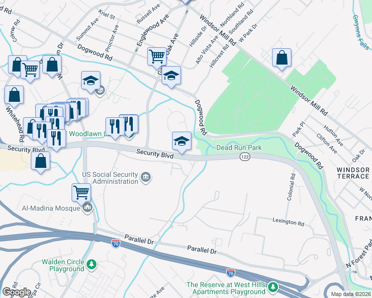 map of restaurants, bars, coffee shops, grocery stores, and more near 6300 Security Boulevard in Baltimore