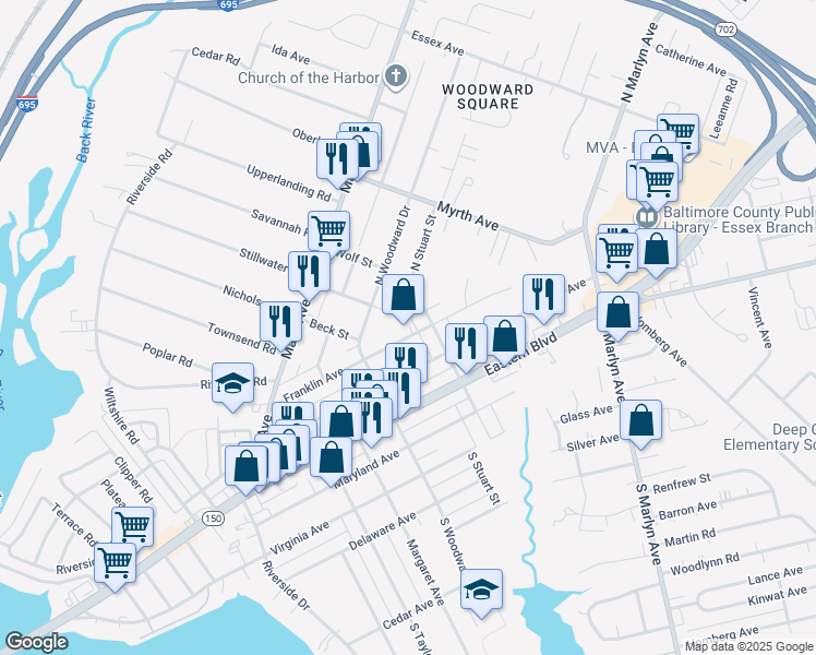 map of restaurants, bars, coffee shops, grocery stores, and more near 622 West Franklin Street in Dundalk