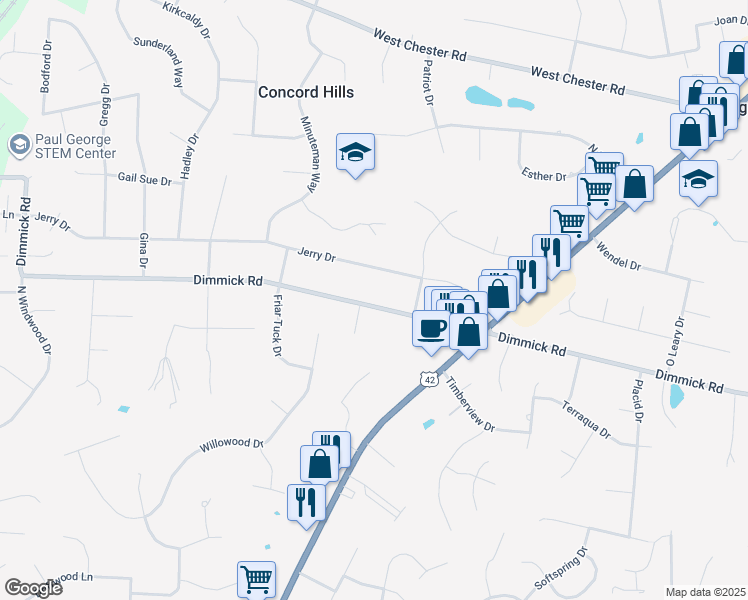 map of restaurants, bars, coffee shops, grocery stores, and more near 7346 Dimmick Road in Butler County