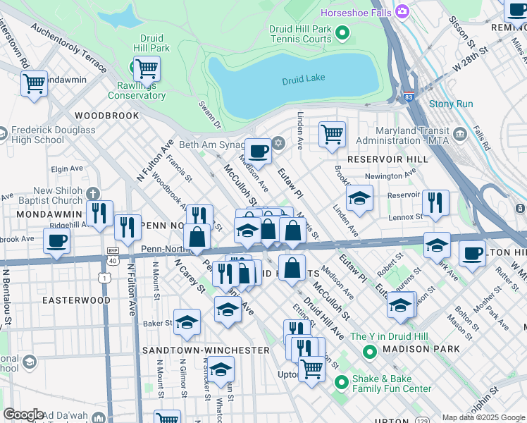 map of restaurants, bars, coffee shops, grocery stores, and more near 1121 Whitelock Street in Baltimore