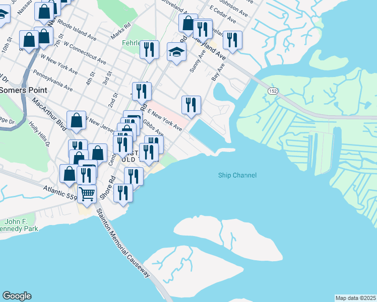map of restaurants, bars, coffee shops, grocery stores, and more near 198 Higbee Avenue in Somers Point