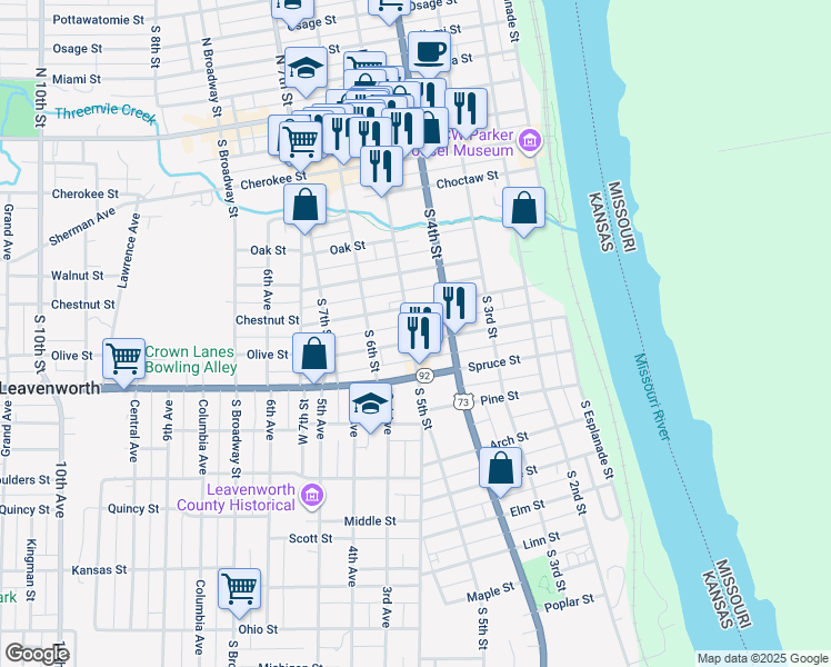 map of restaurants, bars, coffee shops, grocery stores, and more near 720 South 5th Street in Leavenworth