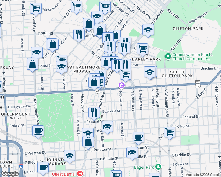 map of restaurants, bars, coffee shops, grocery stores, and more near E North Ave & N Caroline St in Baltimore