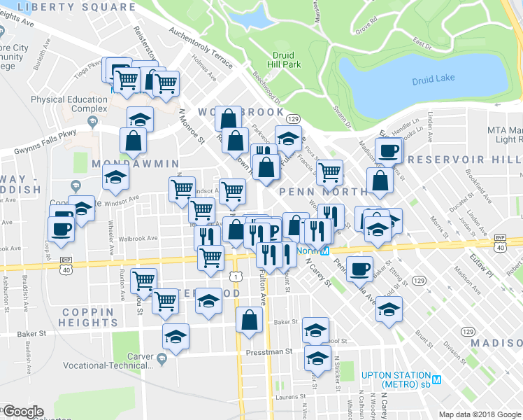 map of restaurants, bars, coffee shops, grocery stores, and more near N Fulton Ave & Clifton Ave in Baltimore