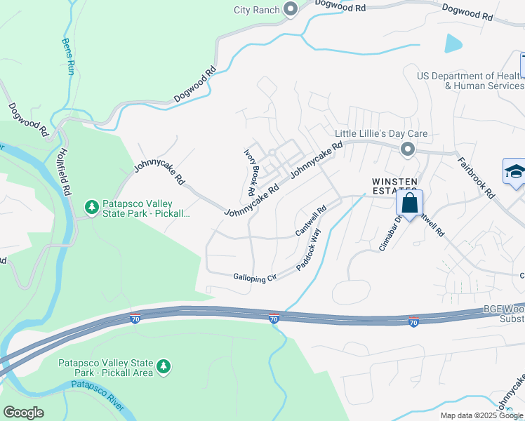 map of restaurants, bars, coffee shops, grocery stores, and more near 2113 Cross Trails Road in Woodlawn