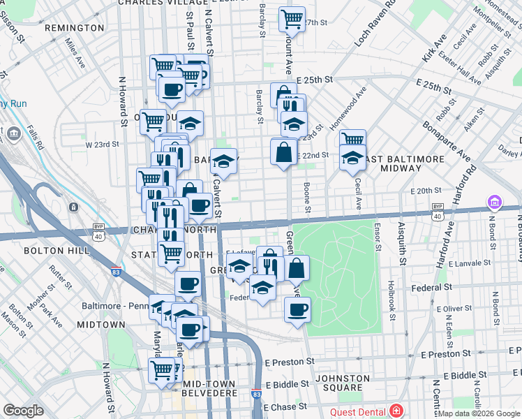 map of restaurants, bars, coffee shops, grocery stores, and more near 1912 Barclay Street in Baltimore