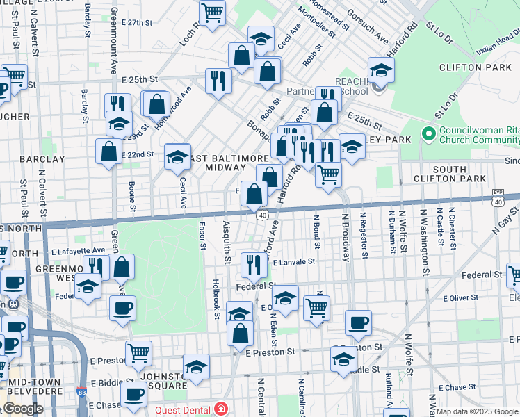 map of restaurants, bars, coffee shops, grocery stores, and more near 1268a East North Avenue in Baltimore