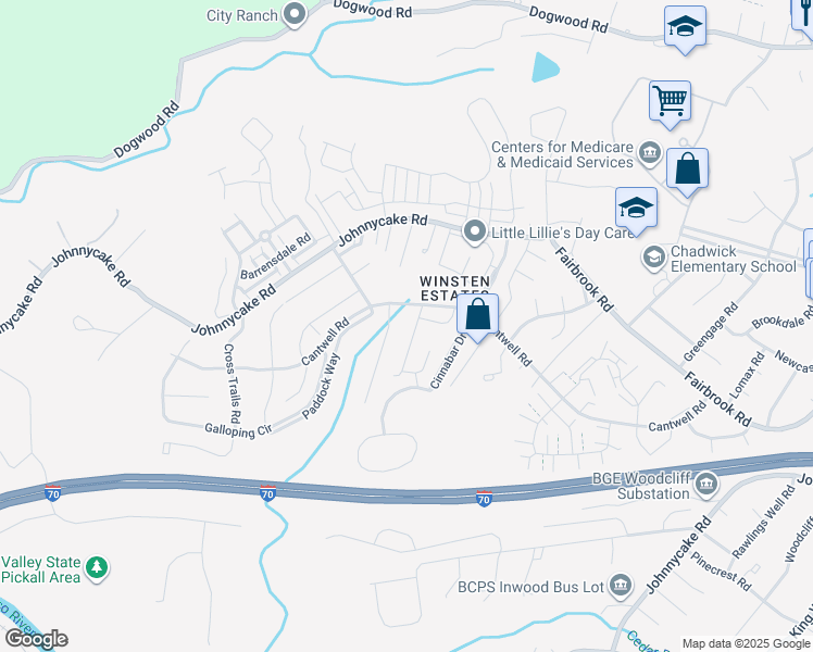 map of restaurants, bars, coffee shops, grocery stores, and more near 2102 Amber Way in Woodlawn