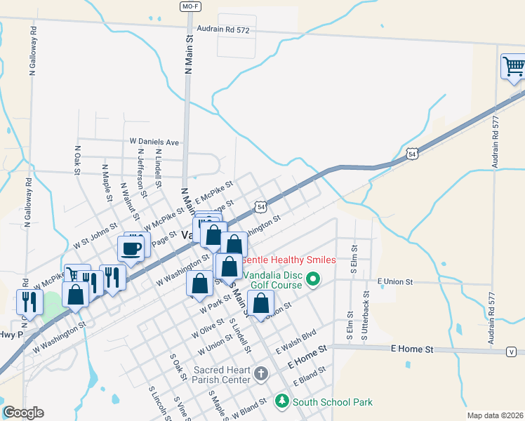 map of restaurants, bars, coffee shops, grocery stores, and more near 410 U.S. 54 in Vandalia
