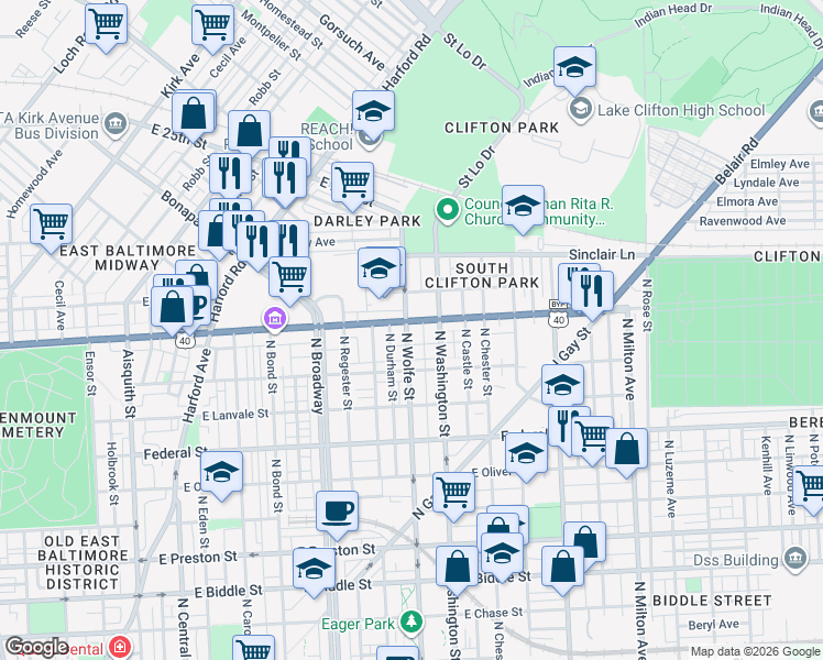map of restaurants, bars, coffee shops, grocery stores, and more near 1903 East North Avenue in Baltimore