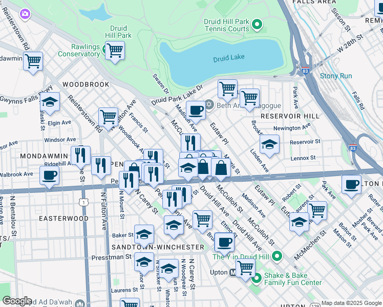 map of restaurants, bars, coffee shops, grocery stores, and more near 1210 Whitelock Street in Baltimore